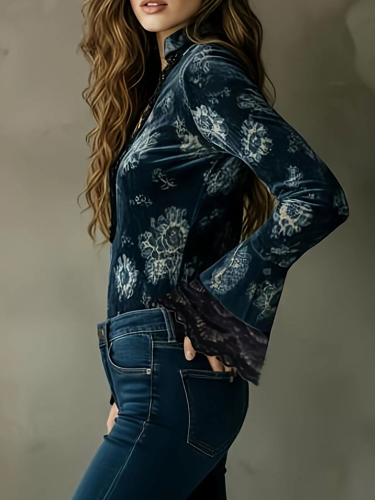 Urban Romance Lace Trim Flare Sleeve Blouse