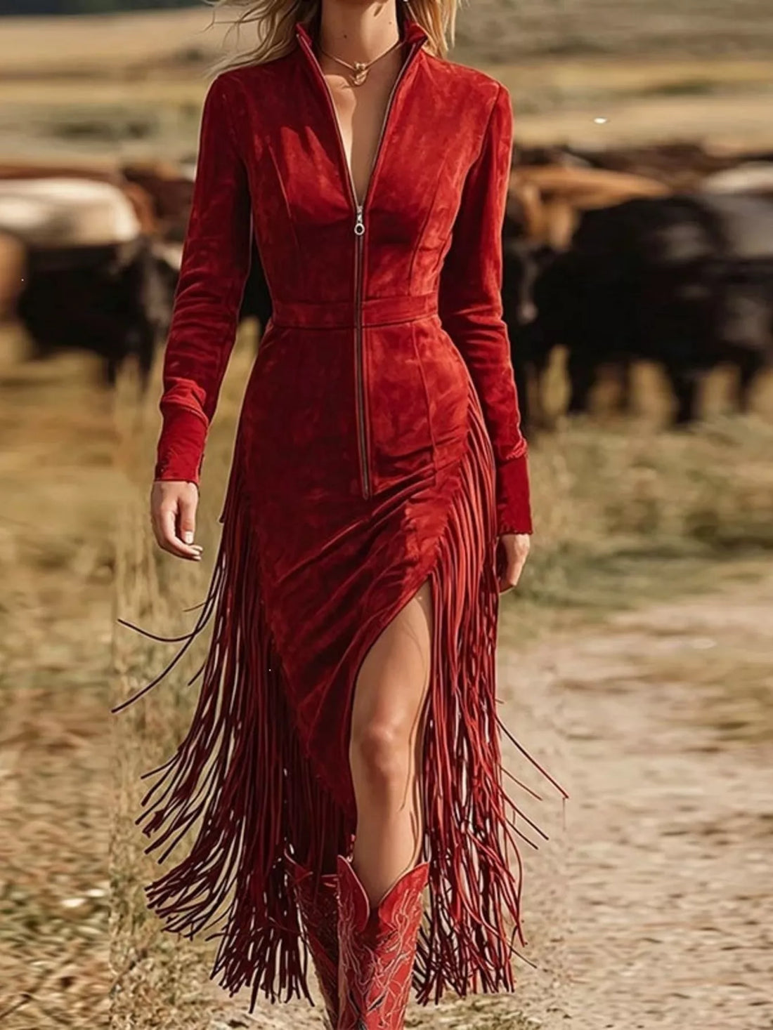 Brave Heart Fringe Zip-Front Midi Dress