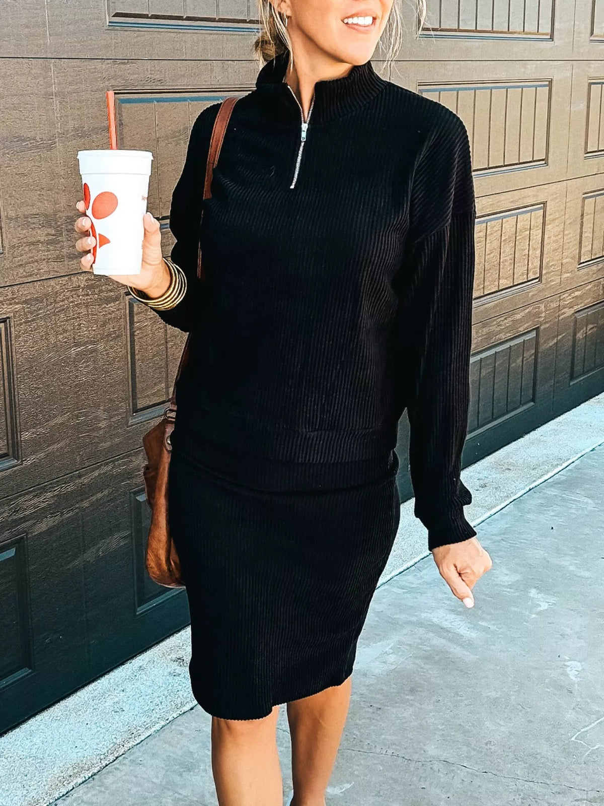 City Chic Knit Quarter-Zip Top & Skirt Set