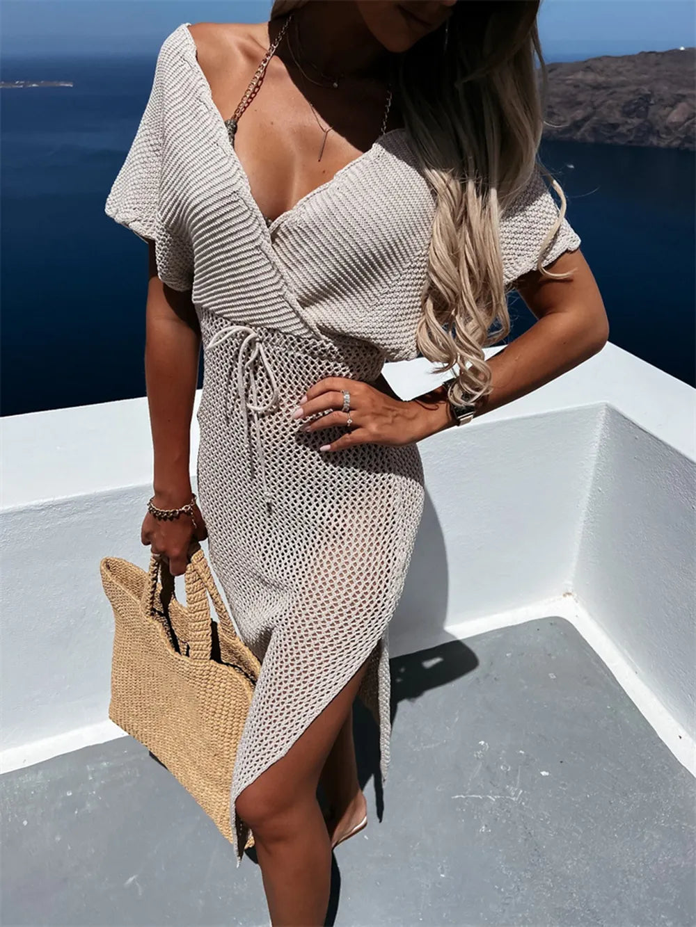 Sunlit Wrap Slit Cover-Up Dress