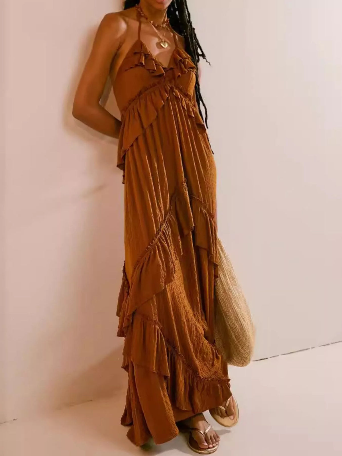 Amalfi Dreams Ruffled Halter Maxi Dress