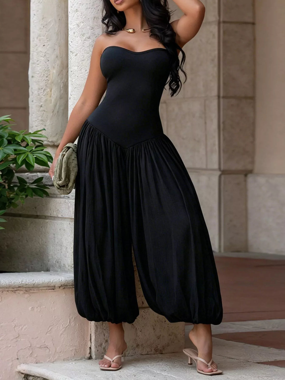 City Escape Strapless Ruched Wide-Leg Jumpsuit