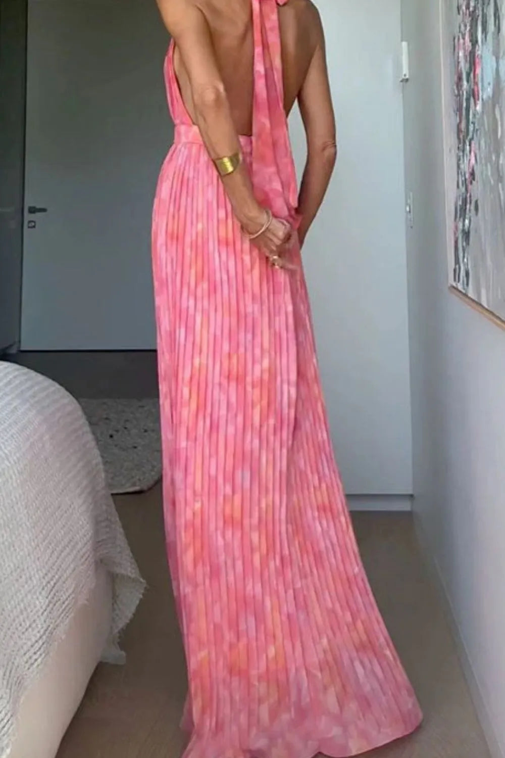 Silk Flow Halter Neck Pleated Maxi Dress