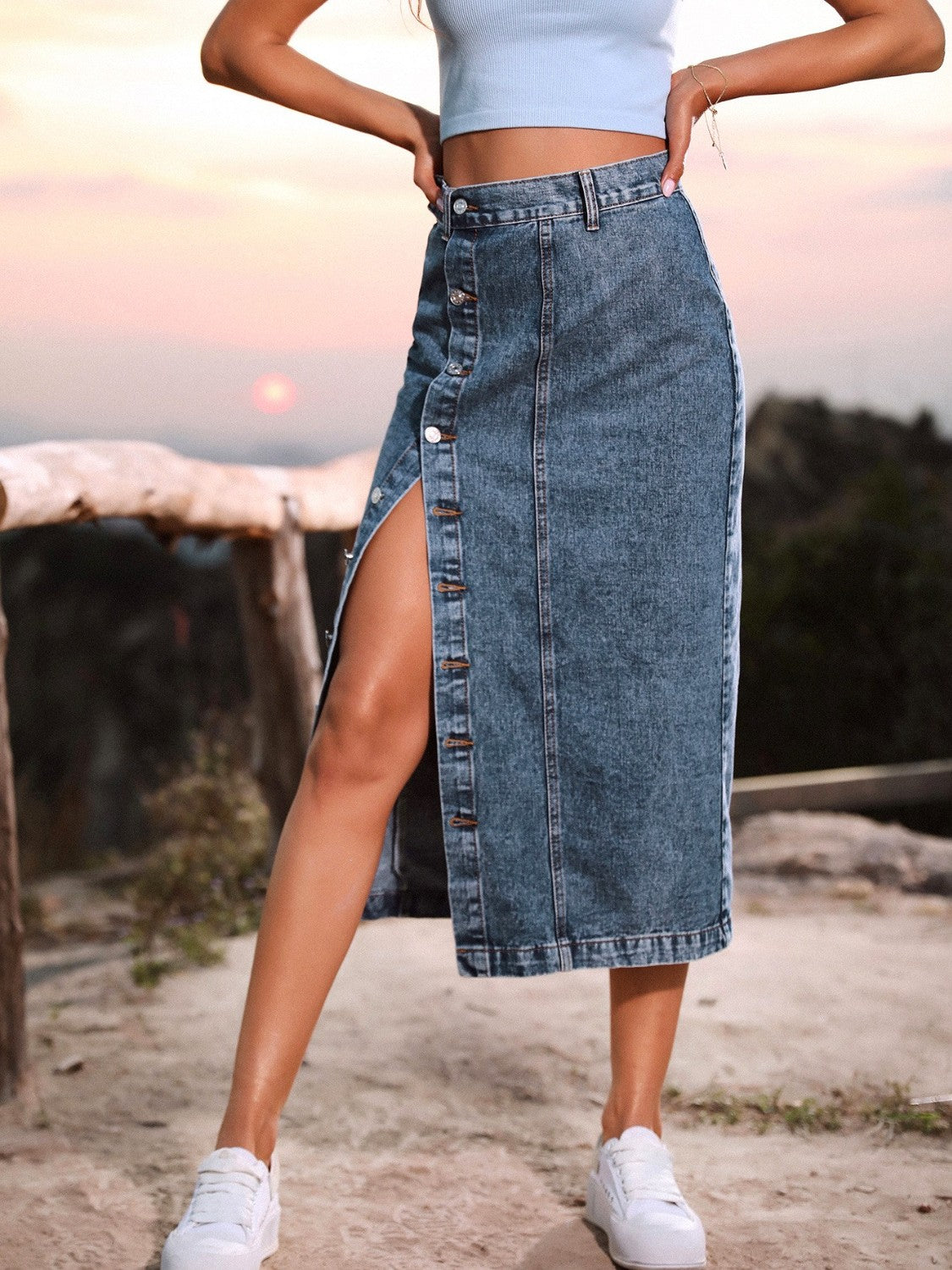 Urban Edge Button Down Denim Skirt