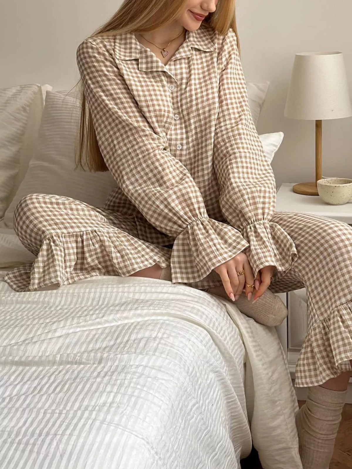 City Ease Gingham Ruffle-Trim Top & Pants Set
