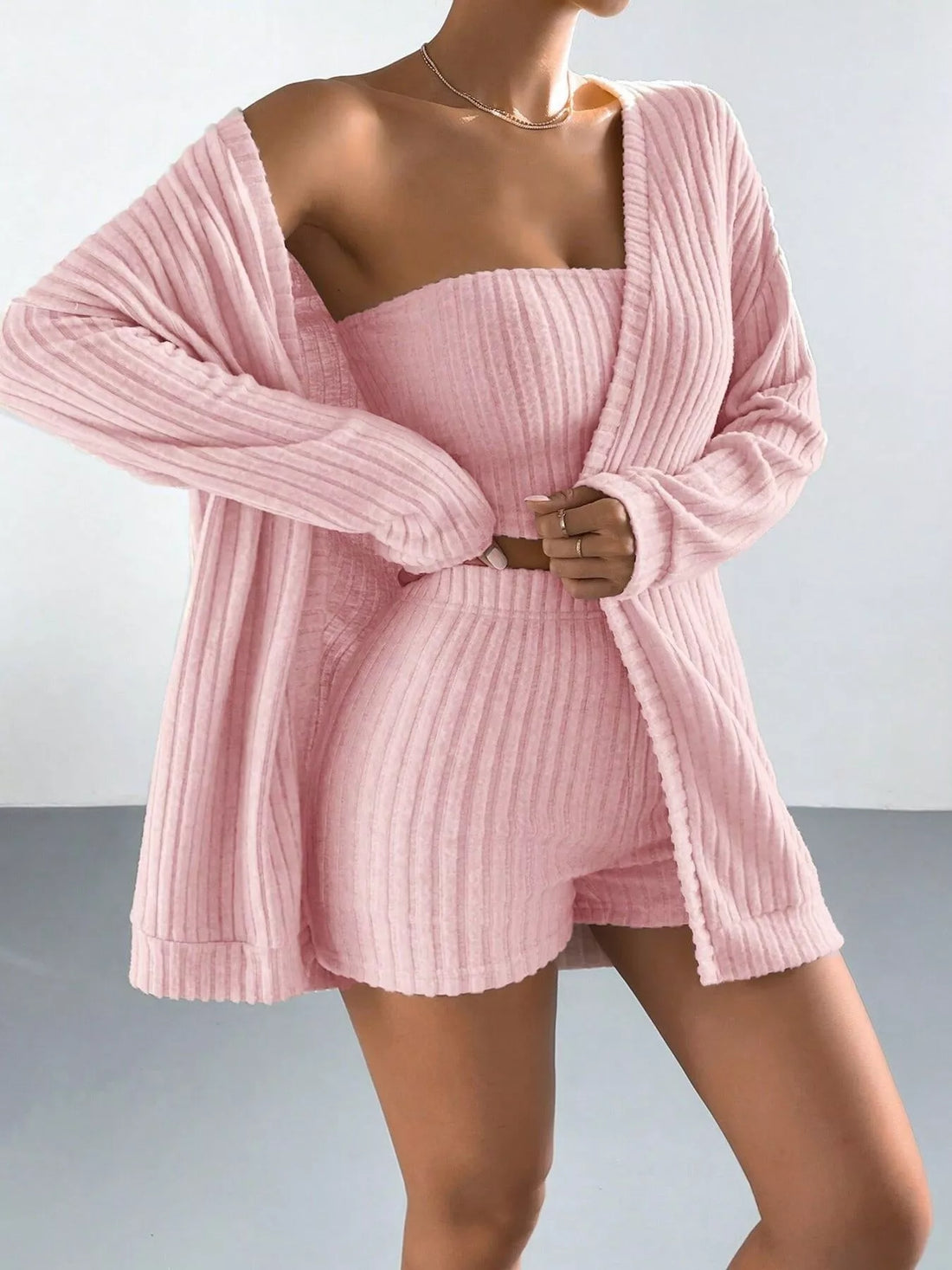 City Chic 3-Piece Knit Cardigan & Tube Top & Shorts Set