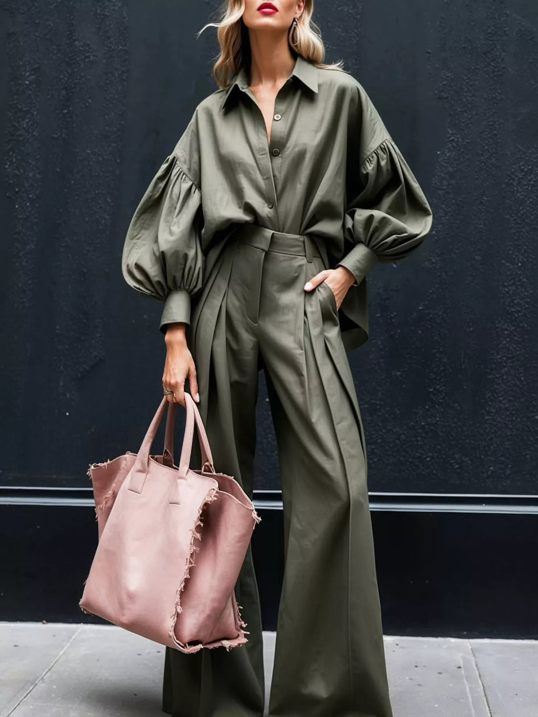 La Lantern Sleeve Shirt & Wide-Leg Pants Set