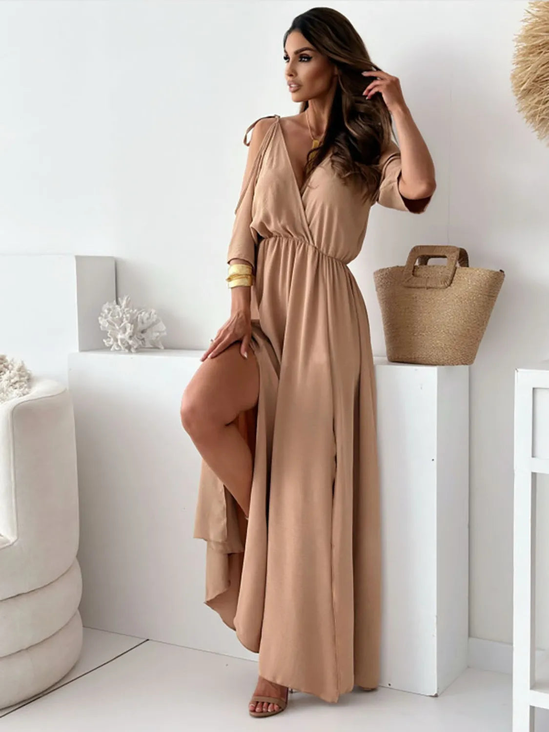 Bold Intent Tied Shoulder Slit Maxi Dress