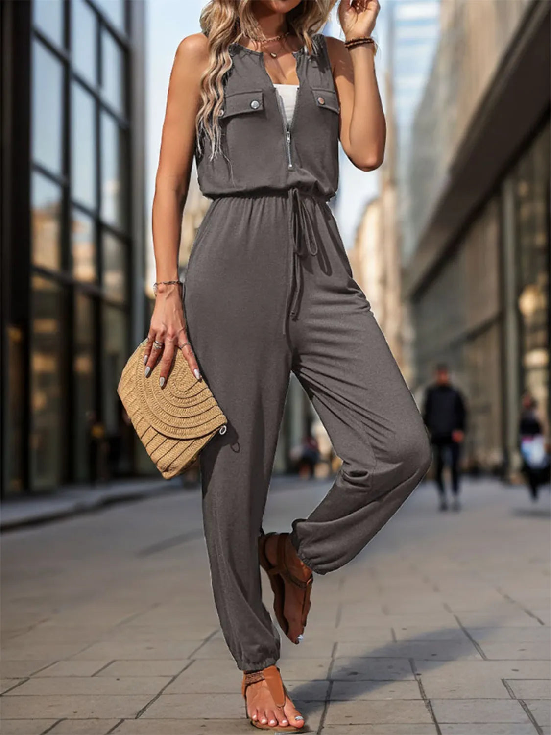 Easy Street Drawstring Sleeveless Jumpsuit