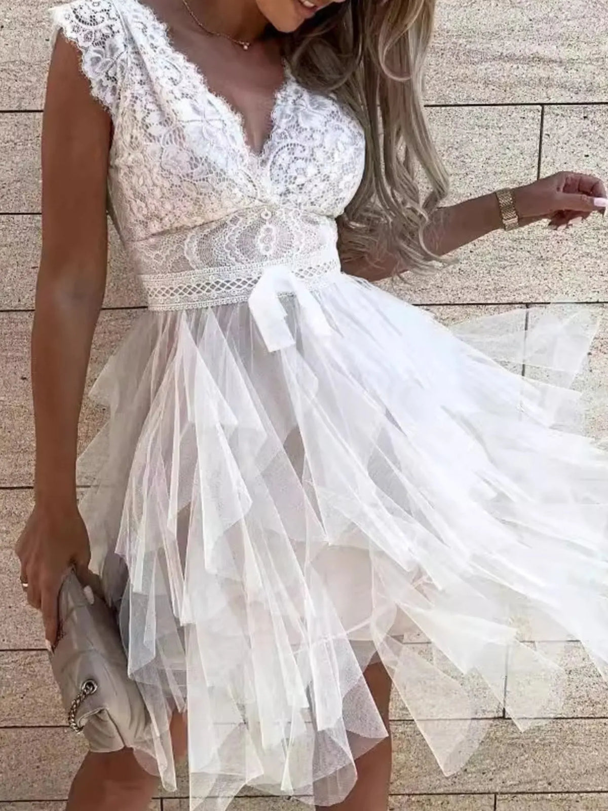 Lace Muse V-Neck Ruffle Dress