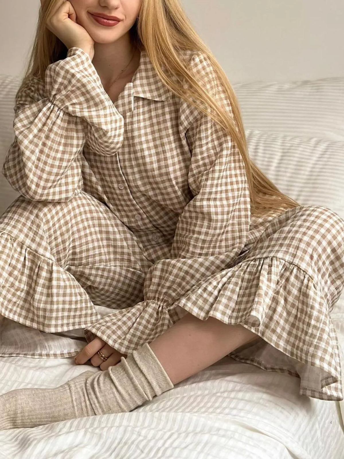 City Ease Gingham Ruffle-Trim Top & Pants Set