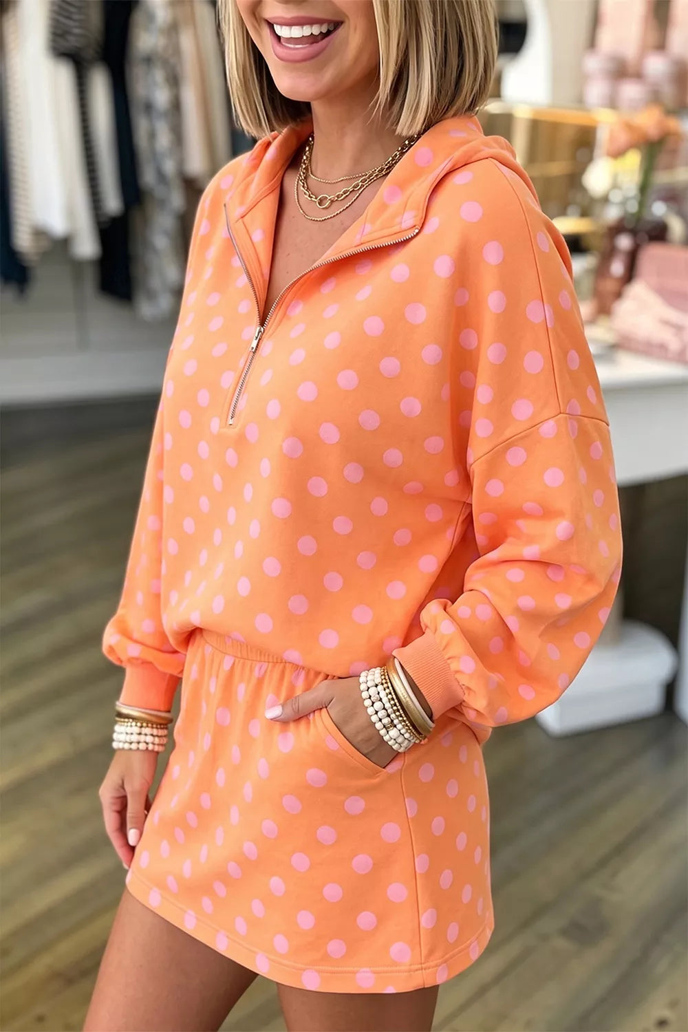 City Ease Polka Dot Quarter-Zip Hoodie & Skirt Set