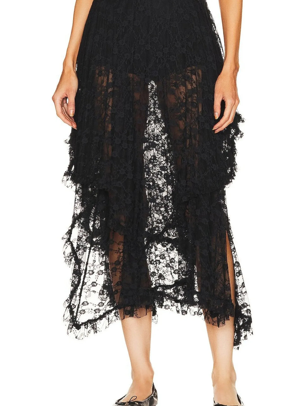 Dusk & Dawn Asymmetrical Lace Midi Skirt