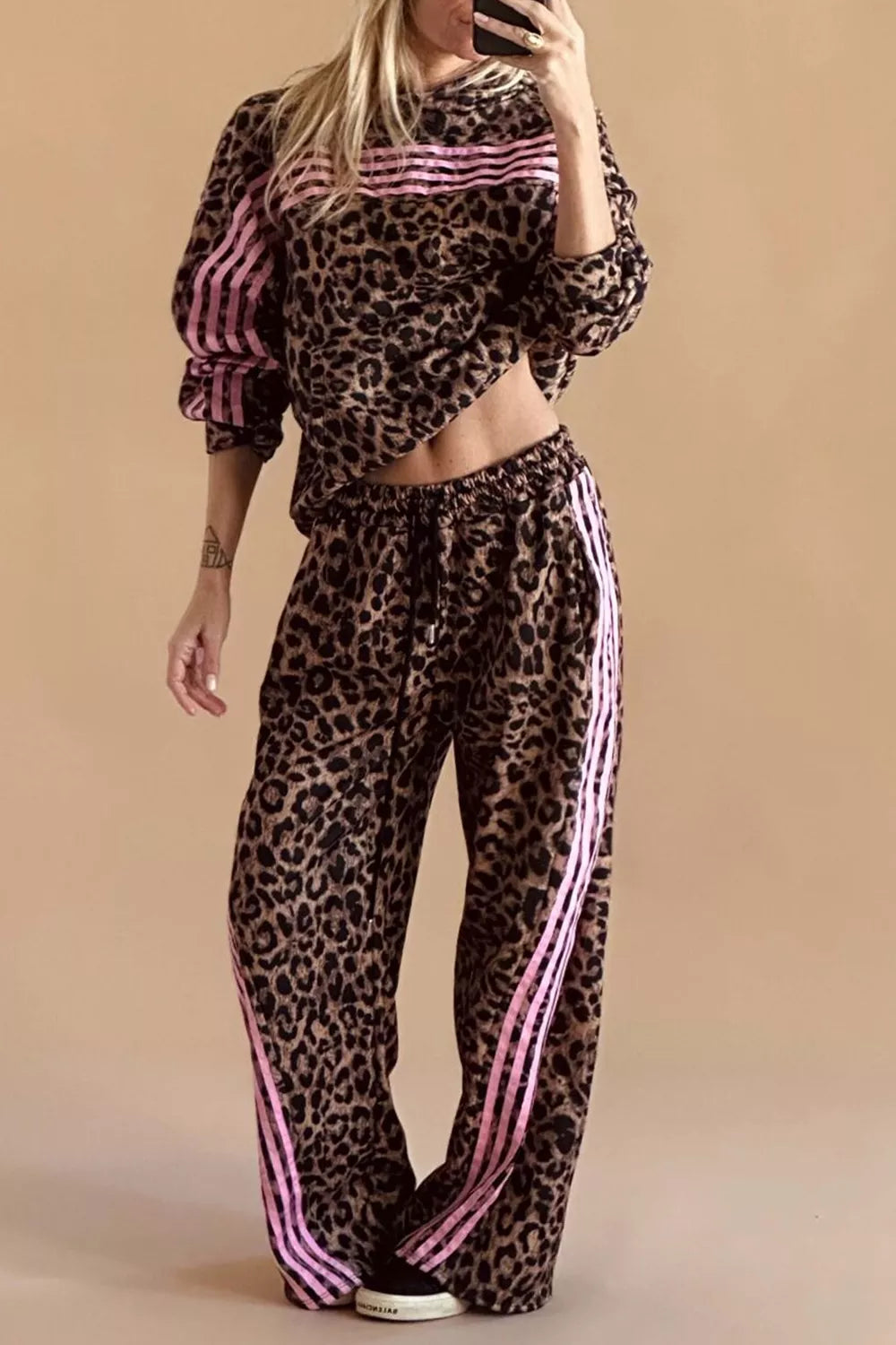 City Leopard Print Striped Detail Top & Pant Set