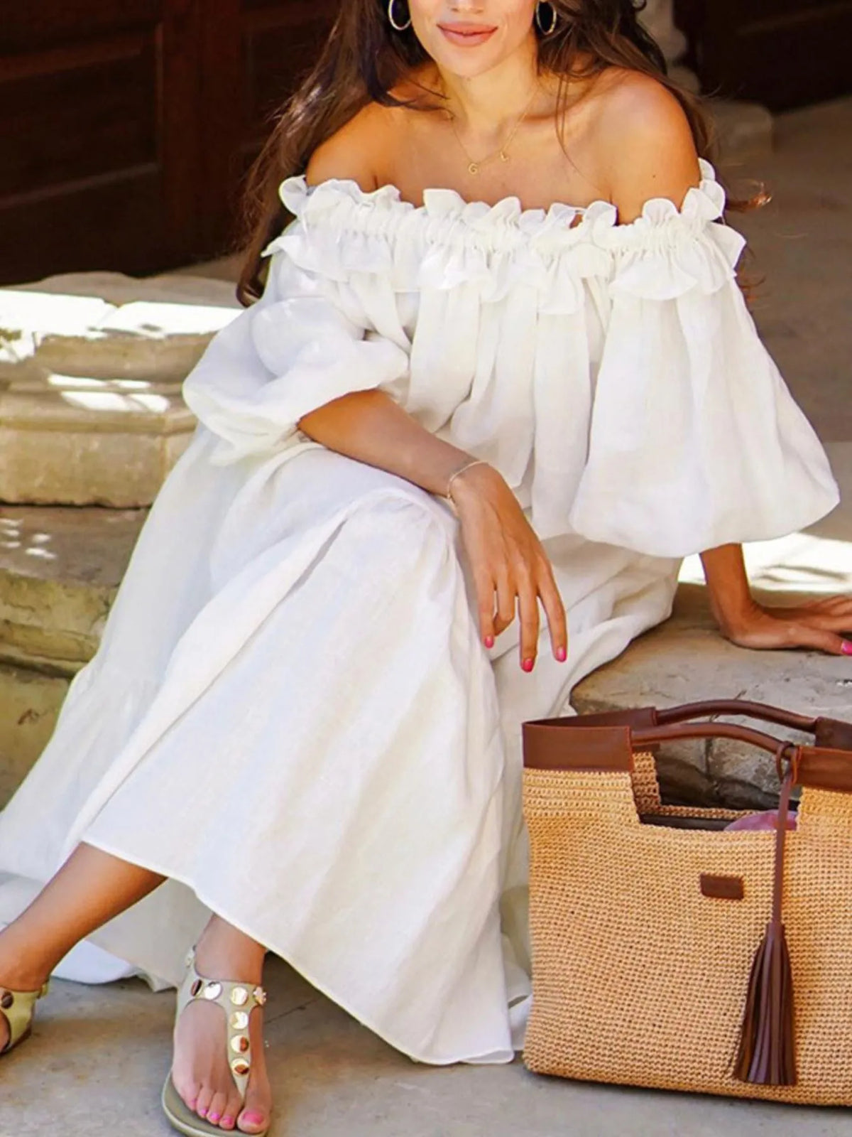 Santorini Sunset Off-Shoulder Dress