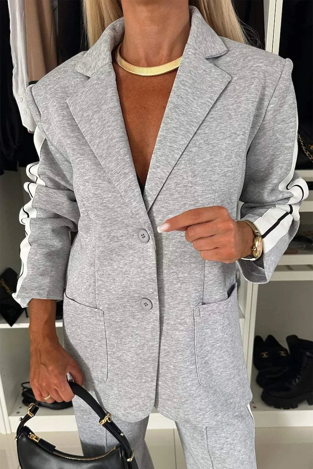 City Contrast Lapel Collar Top & Pants Set