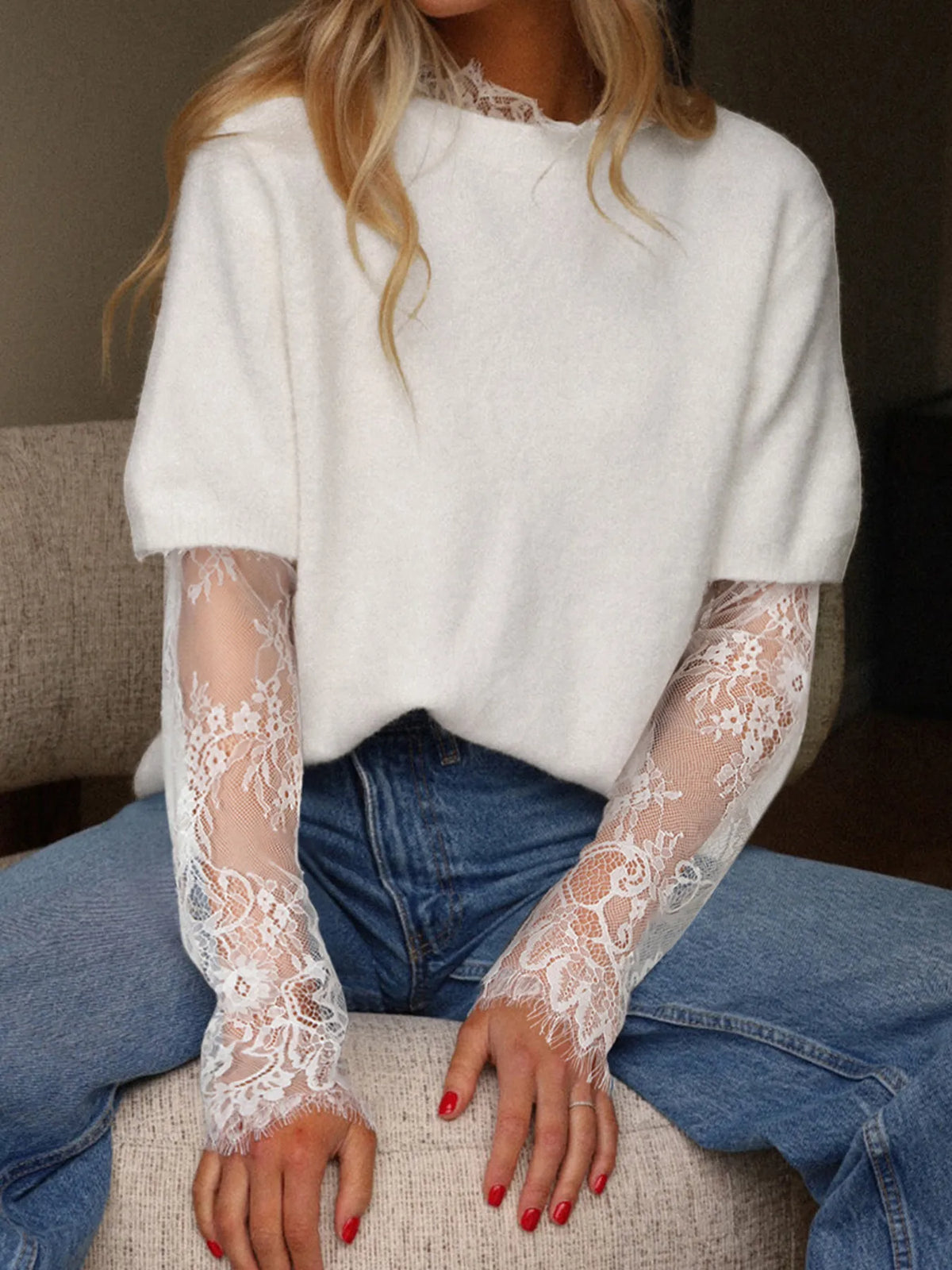 Love Lace Sleeve Faux Two-piece Sweater