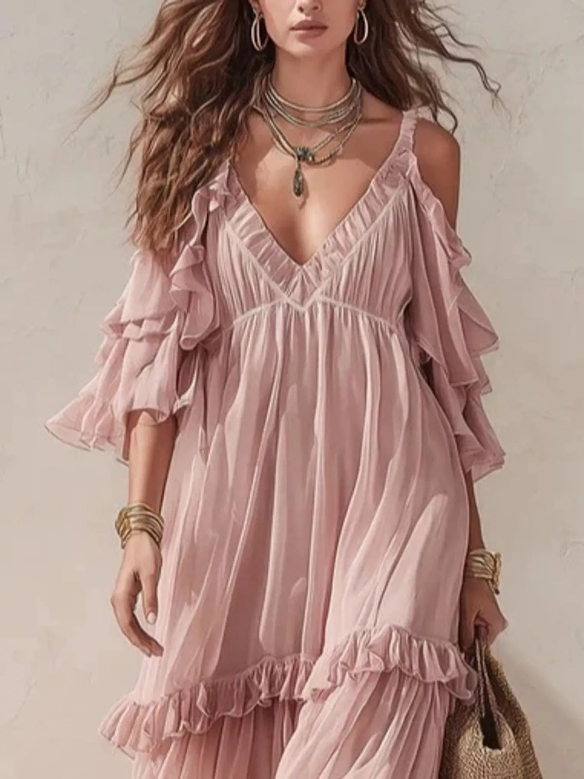 Amalfi Dreams Cold-Shoulder Ruffled Maxi Dress