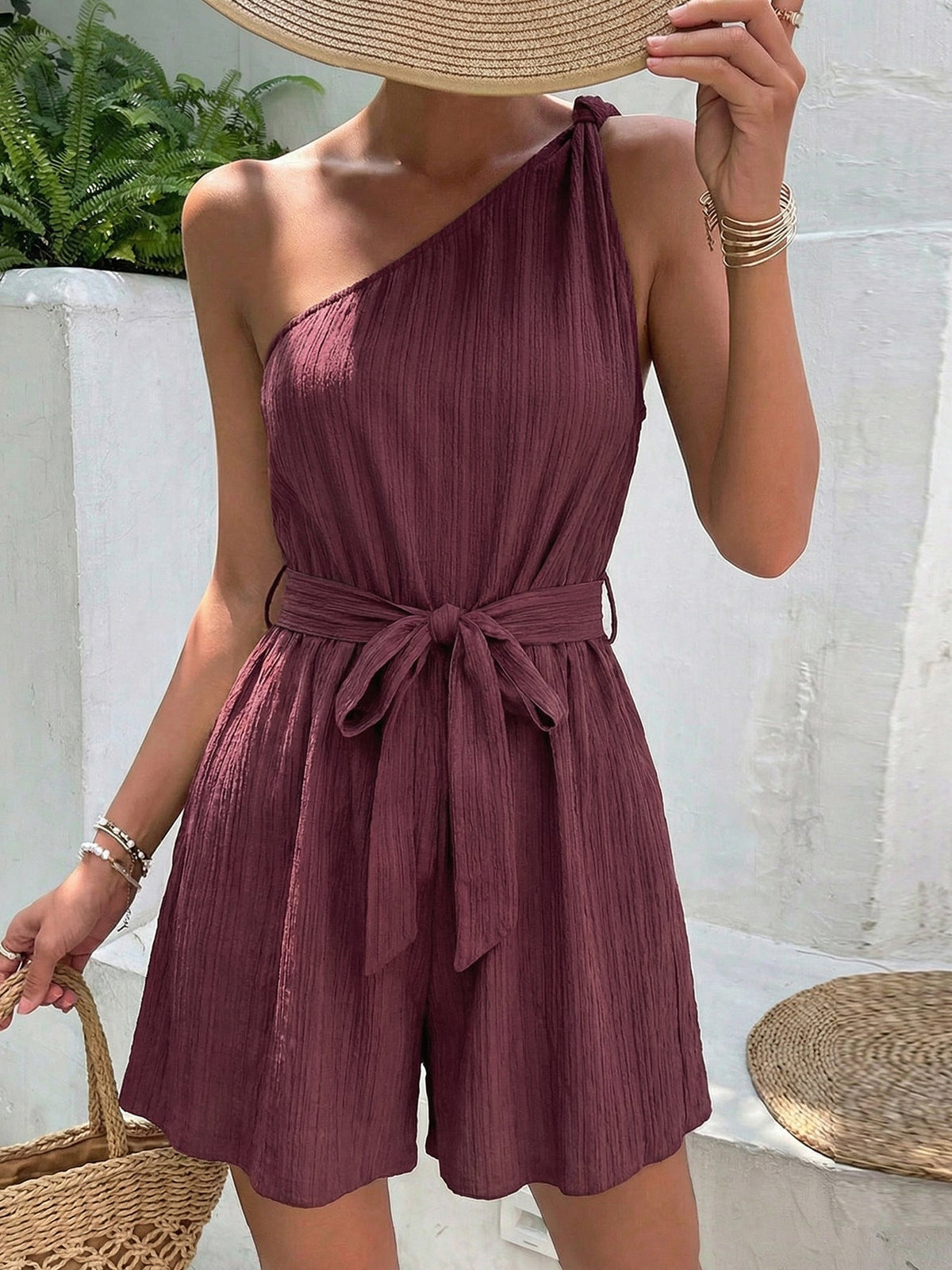 Free Spirit One-Shoulder Tie Waist Romper