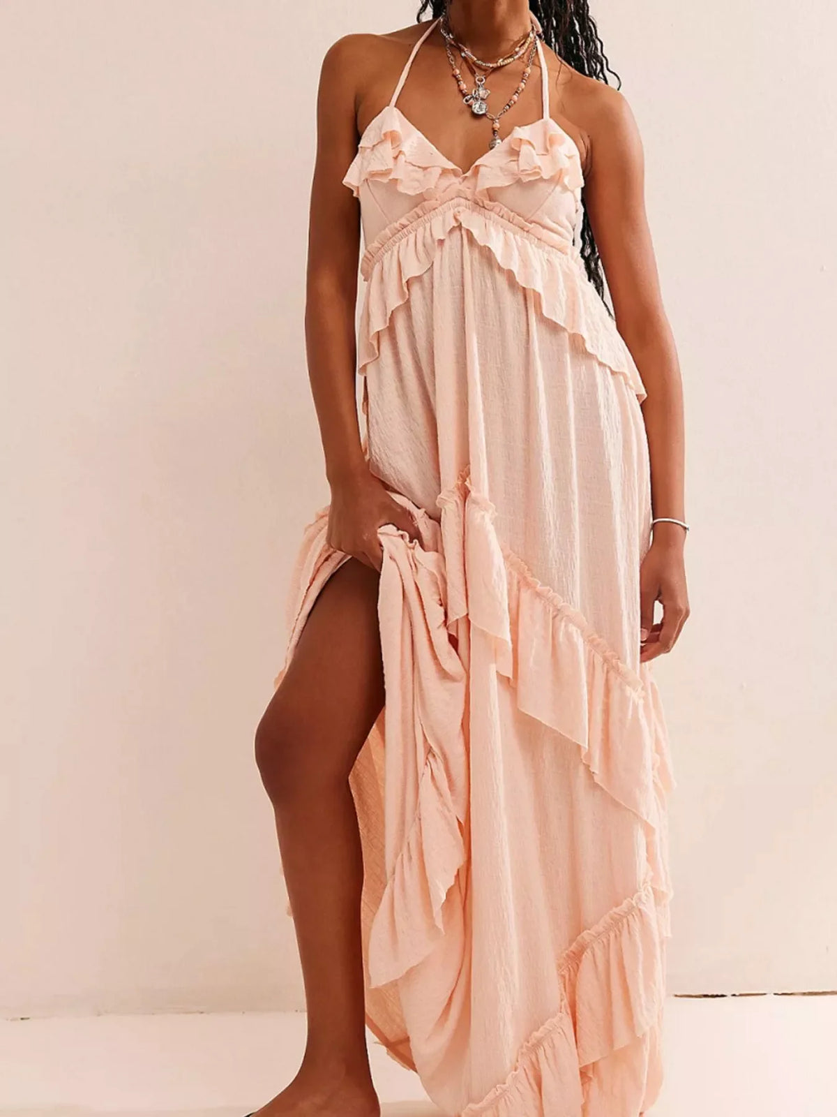 Amalfi Dreams Ruffled Halter Maxi Dress
