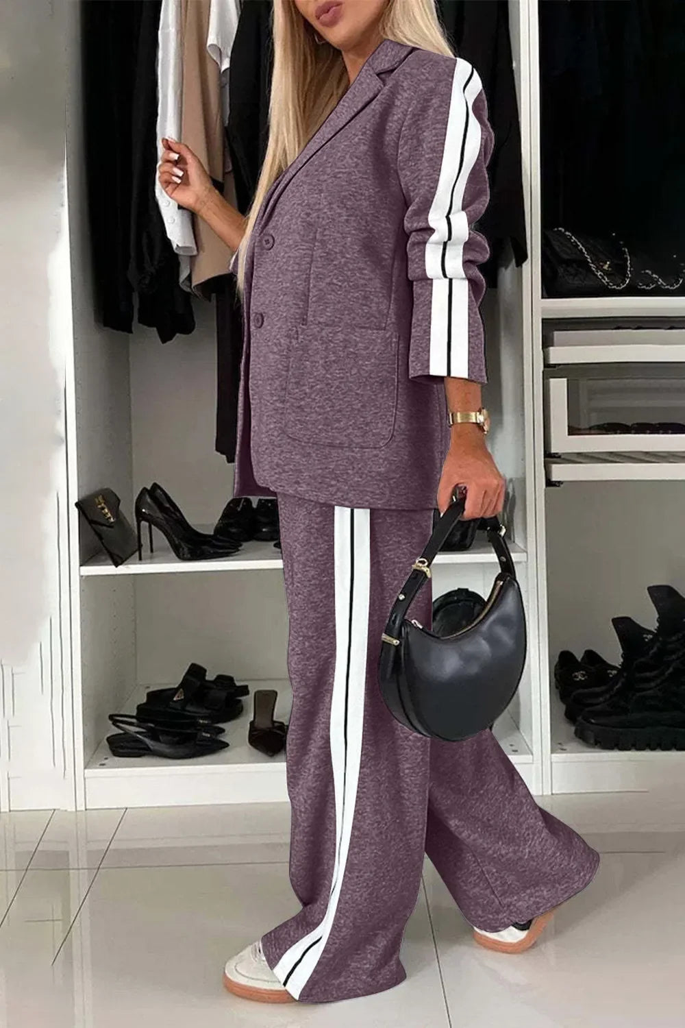 City Contrast Lapel Collar Top & Pants Set