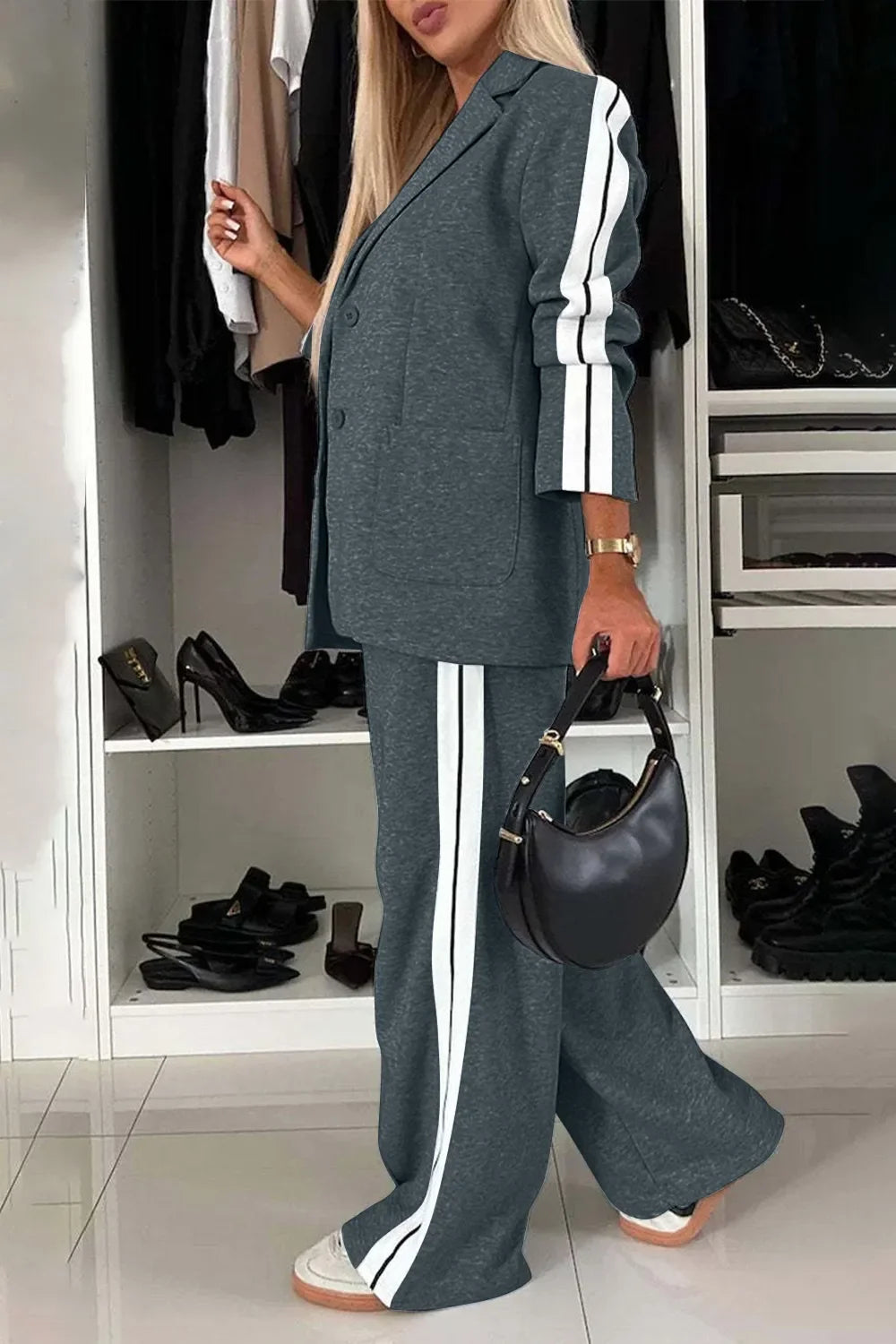 City Contrast Lapel Collar Top & Pants Set
