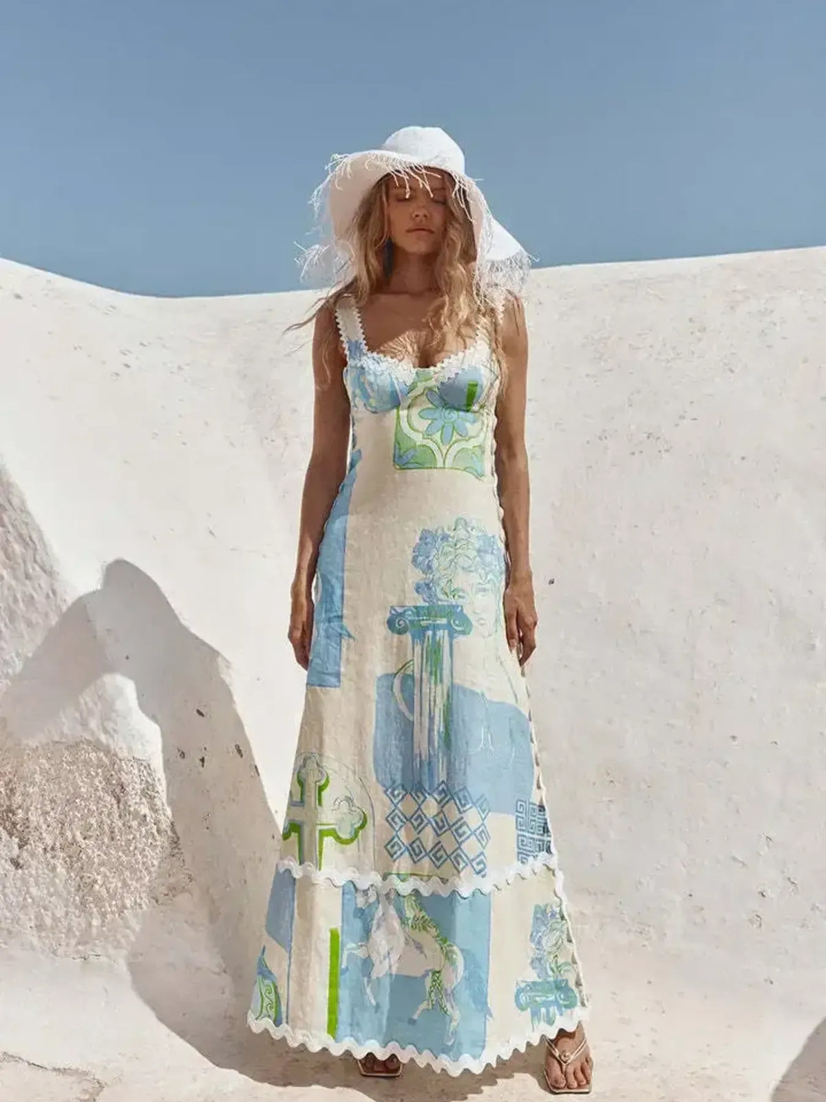 Coastal Boho Tied-Back Printed Maxi Dress