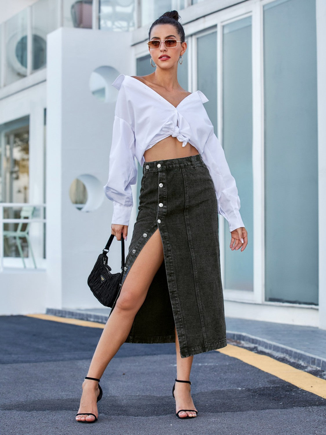 Urban Edge Button Down Denim Skirt