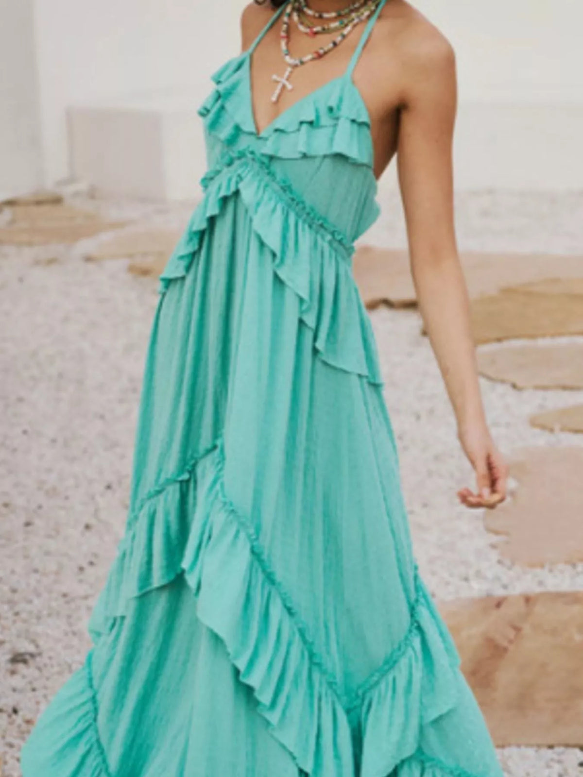 Amalfi Dreams Ruffled Halter Maxi Dress