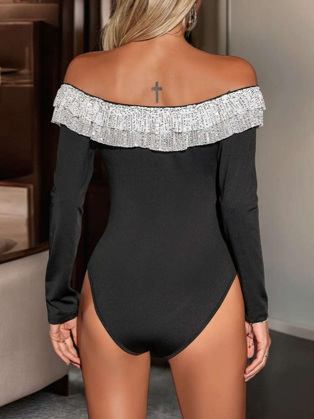 Elle Sequin Ruffled Off-Shoulder Bodysuit