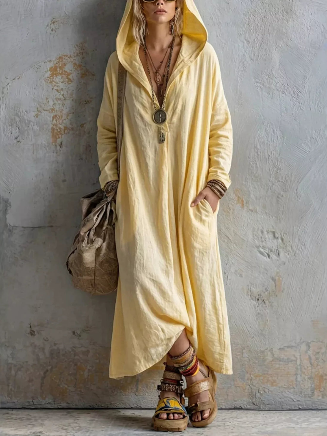 Wild Spirit Long Sleeve Hooded Midi Dress