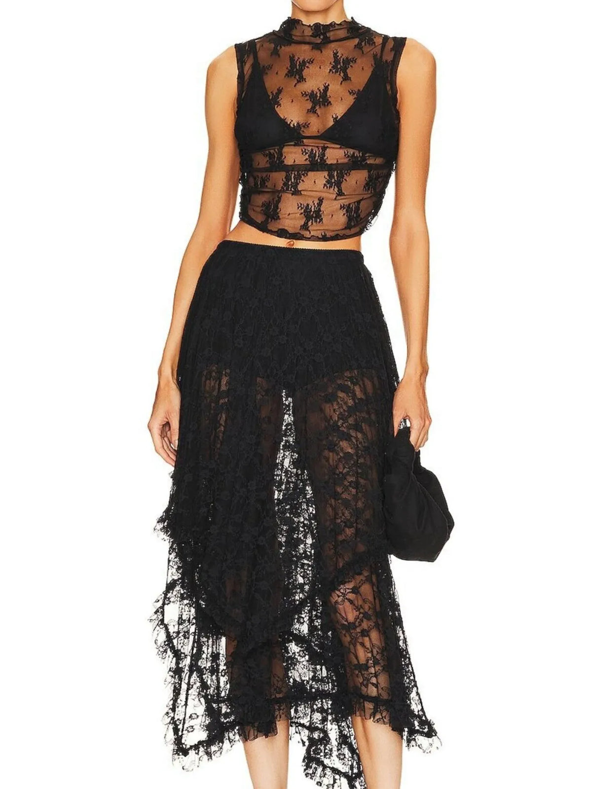 Dusk & Dawn Asymmetrical Lace Midi Skirt