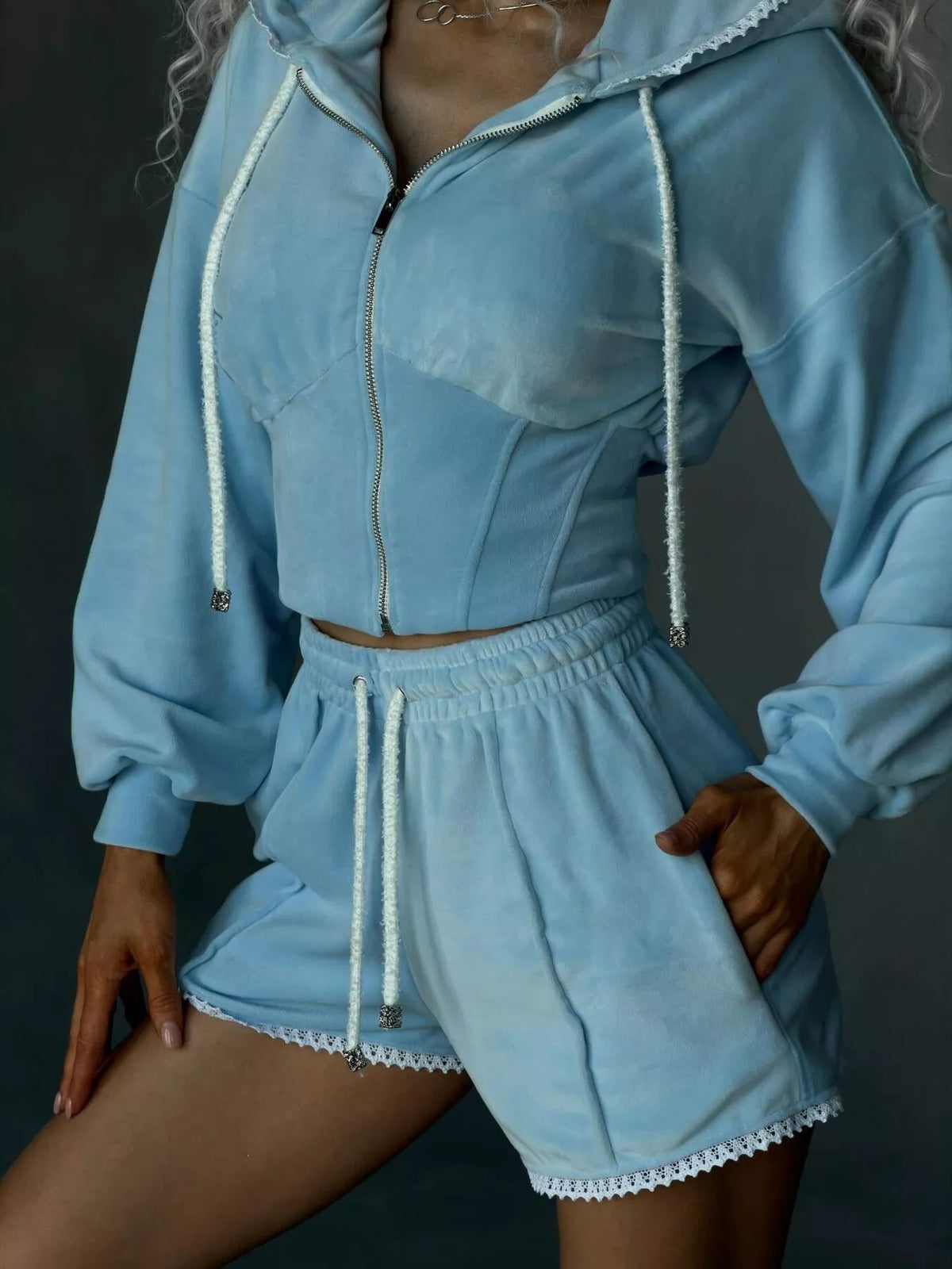 Wanderlust Drawstring Zip-Up Hoodie & Shorts Set