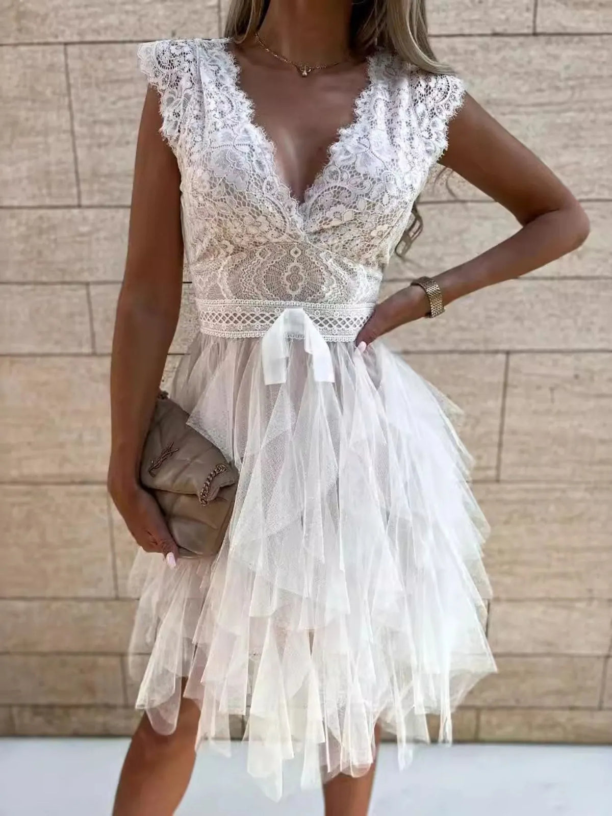 Lace Muse V-Neck Ruffle Dress