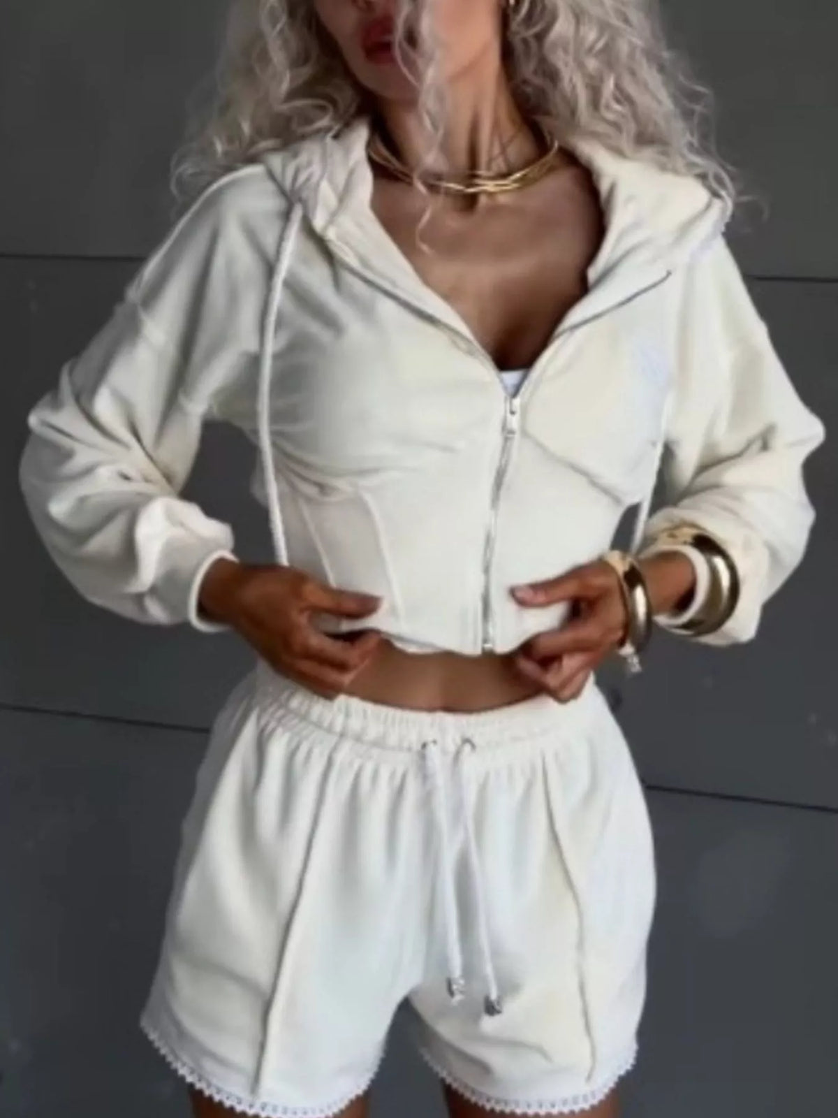 Wanderlust Drawstring Zip-Up Hoodie & Shorts Set