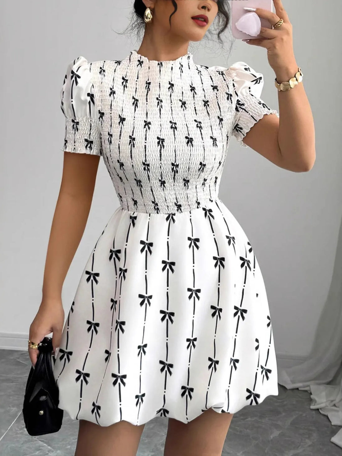Sweet Muse Smocked Bow Print Mini Dress