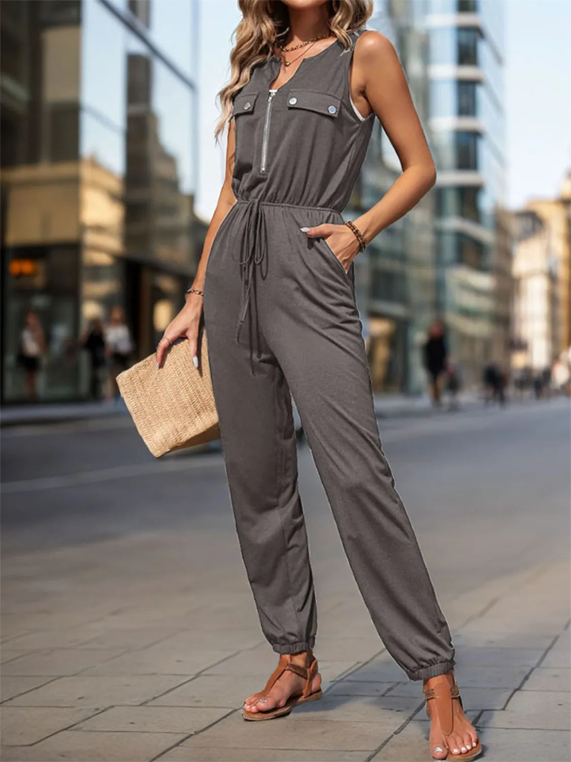 Easy Street Drawstring Sleeveless Jumpsuit