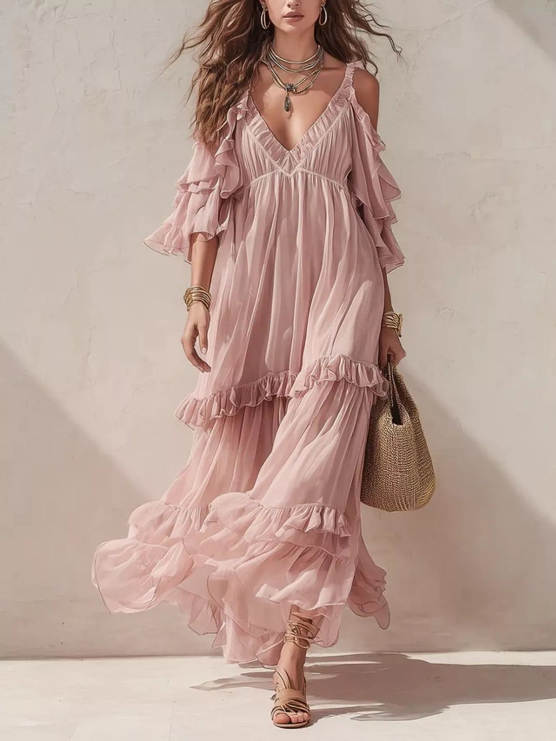 Amalfi Dreams Cold-Shoulder Ruffled Maxi Dress
