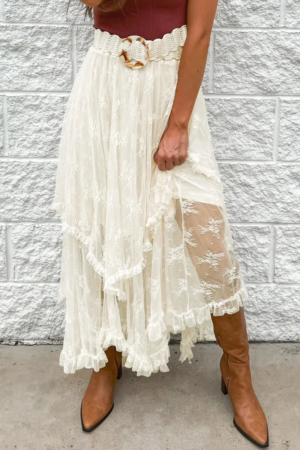 Harbor Grace Lace Tiered Midi Skirt