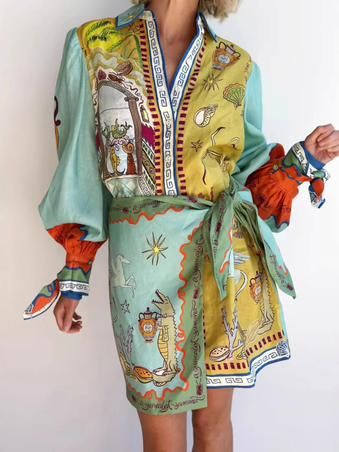 Harbor Print Flow Long Sleeve Shirt Dress