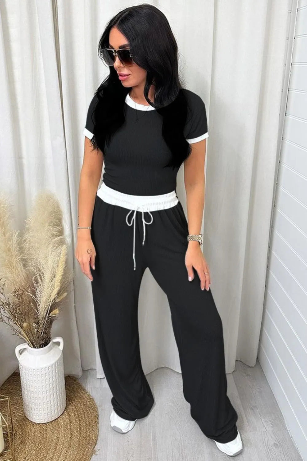 Coffee Run Contrast Trim Top & Pants Set