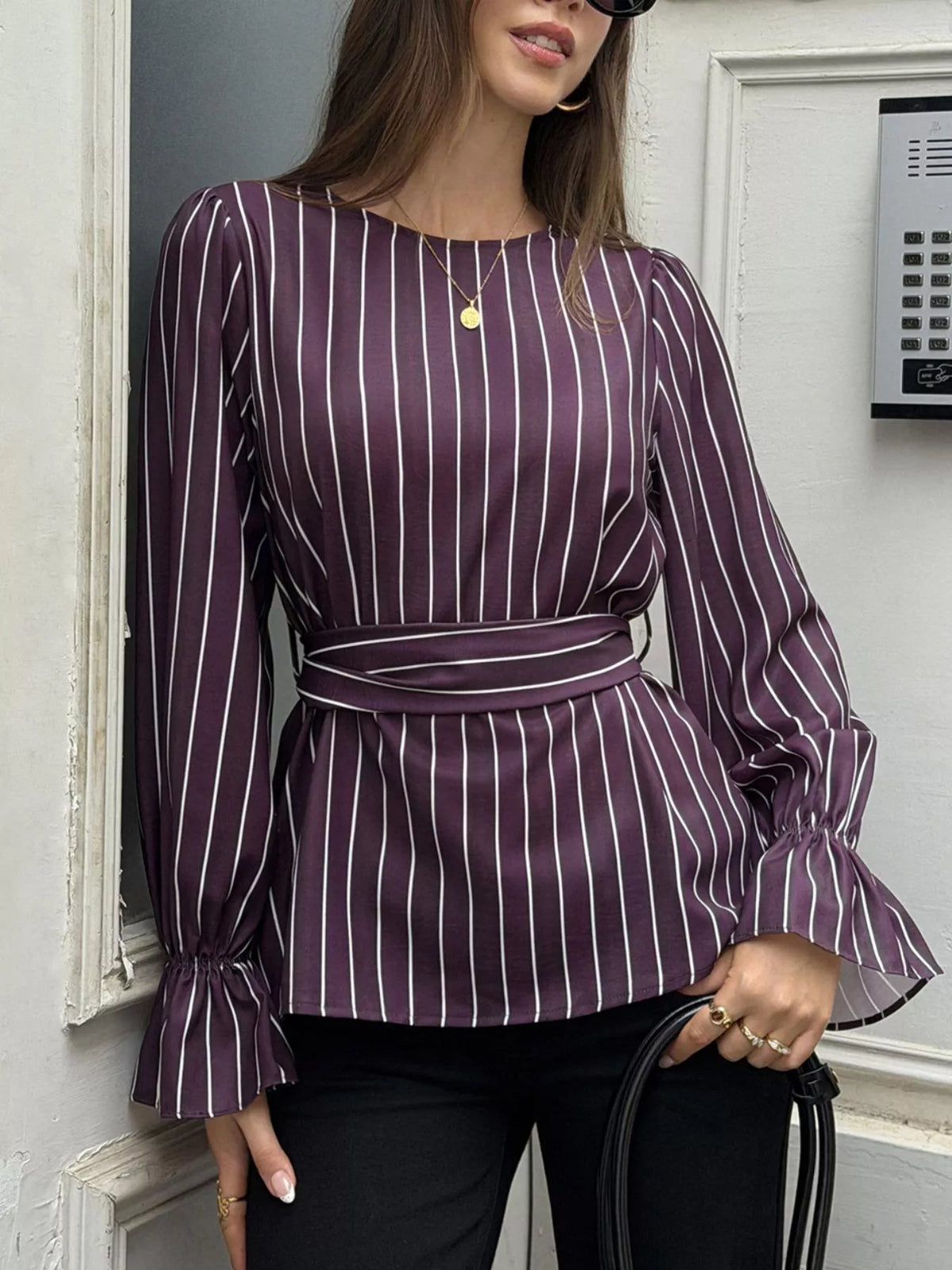 Metro Muse Striped Flounce Sleeves Blouse