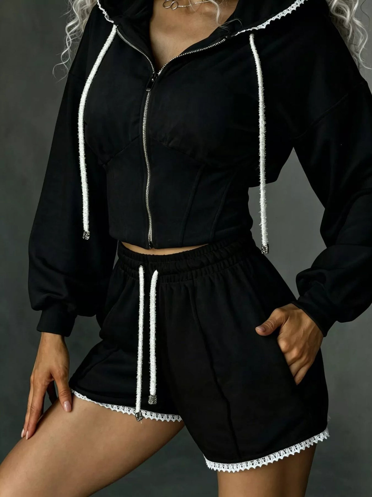 Wanderlust Drawstring Zip-Up Hoodie & Shorts Set