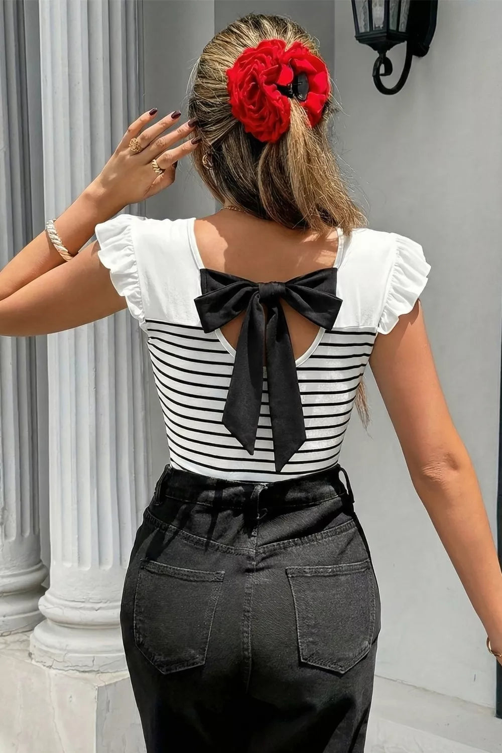 City Bow Back Stripe Ruffle Tank