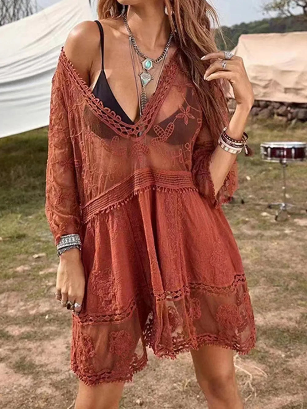 Sea Breeze Lace Plunge Cover-Up Dress