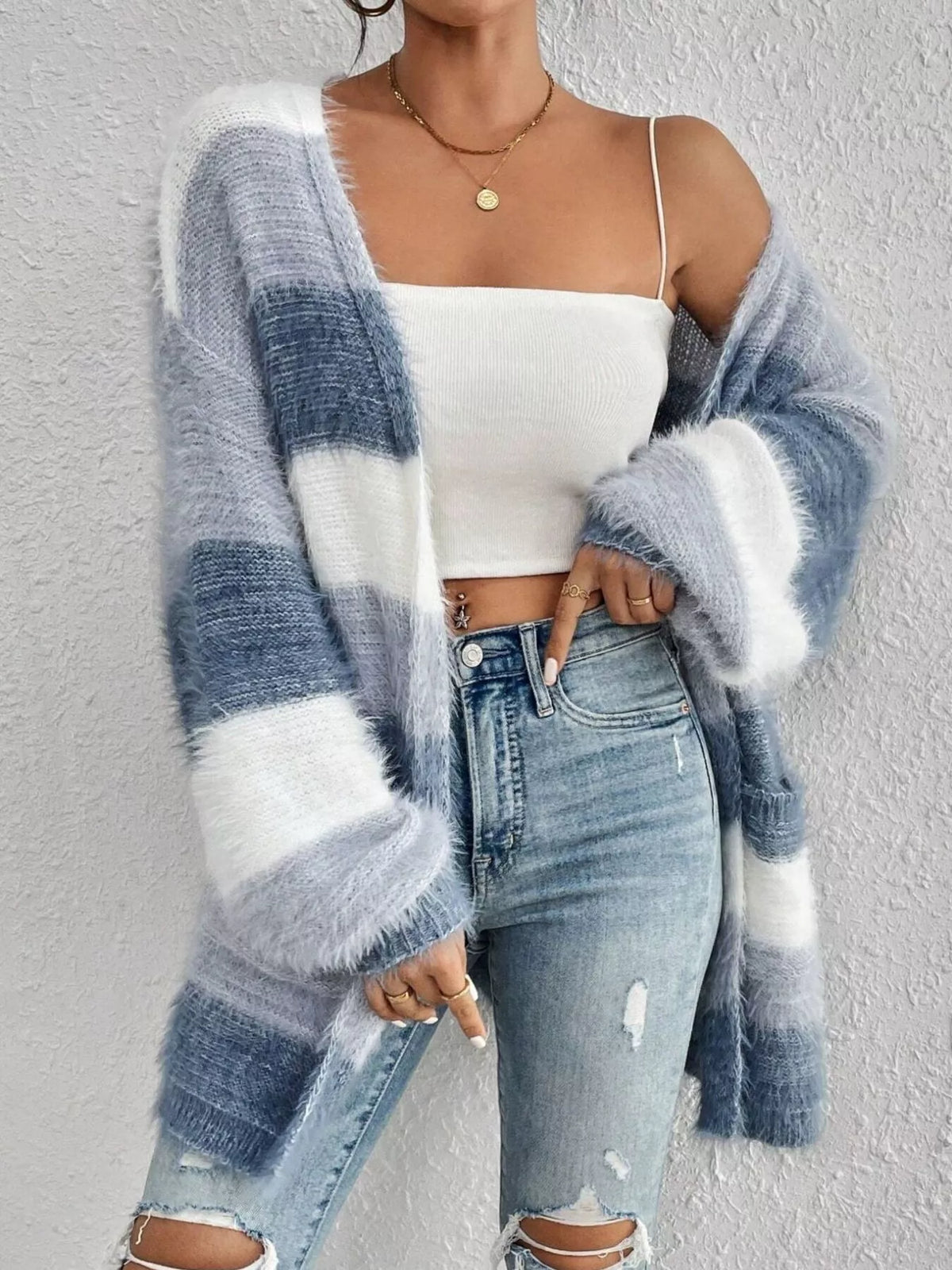 Coastal Stripe Fuzzy Knit Cardigan