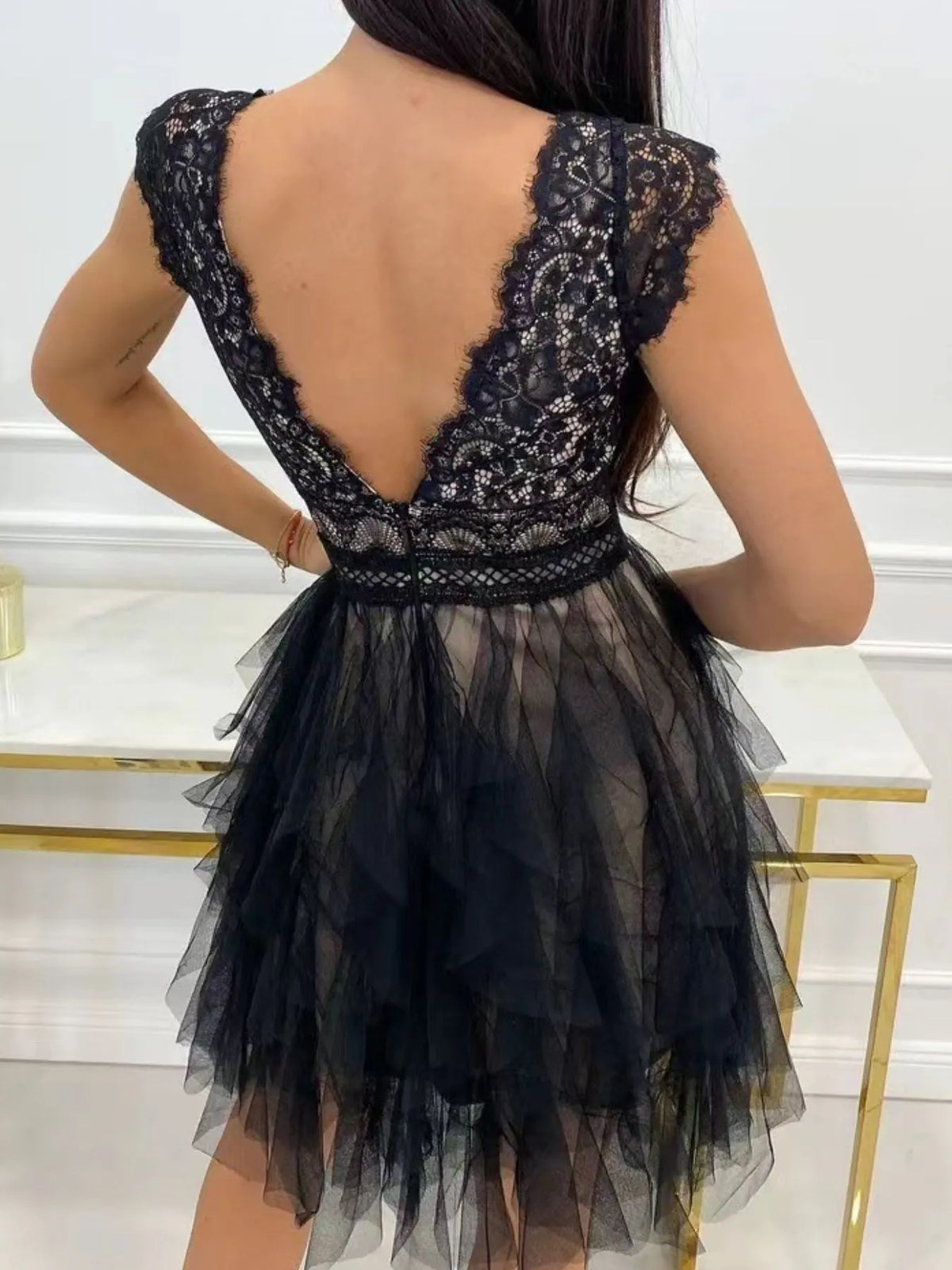 Lace Muse V-Neck Ruffle Dress