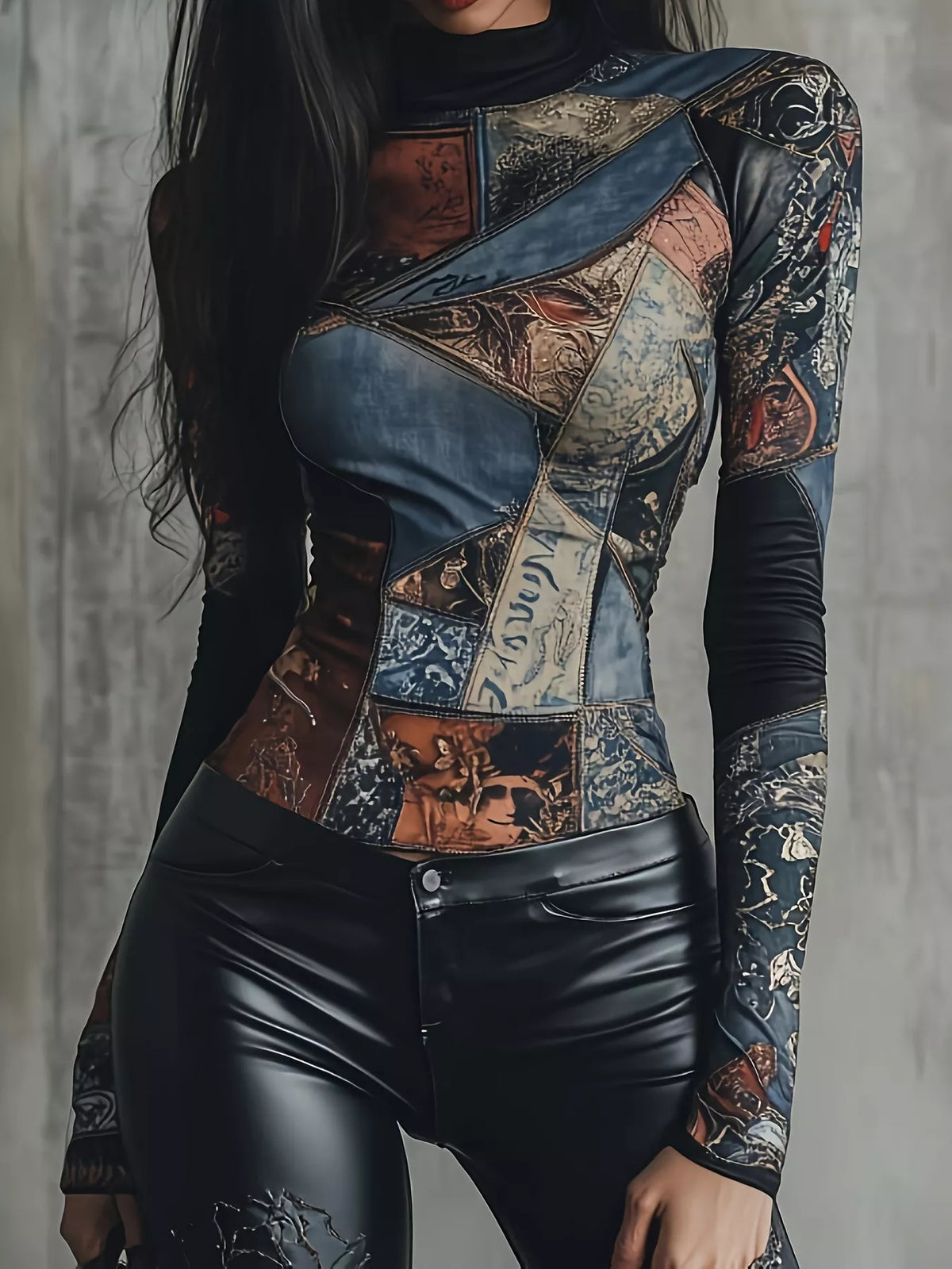 Skyline Siren Patchwork Printed Long Sleeve T-Shirt