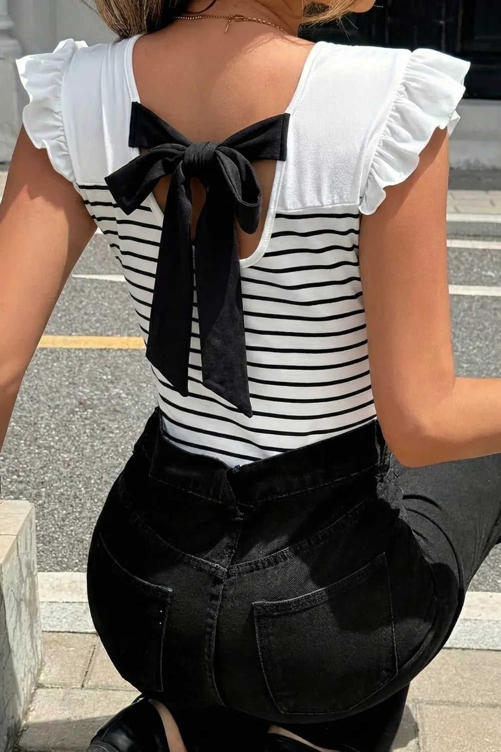 City Bow Back Stripe Ruffle Tank