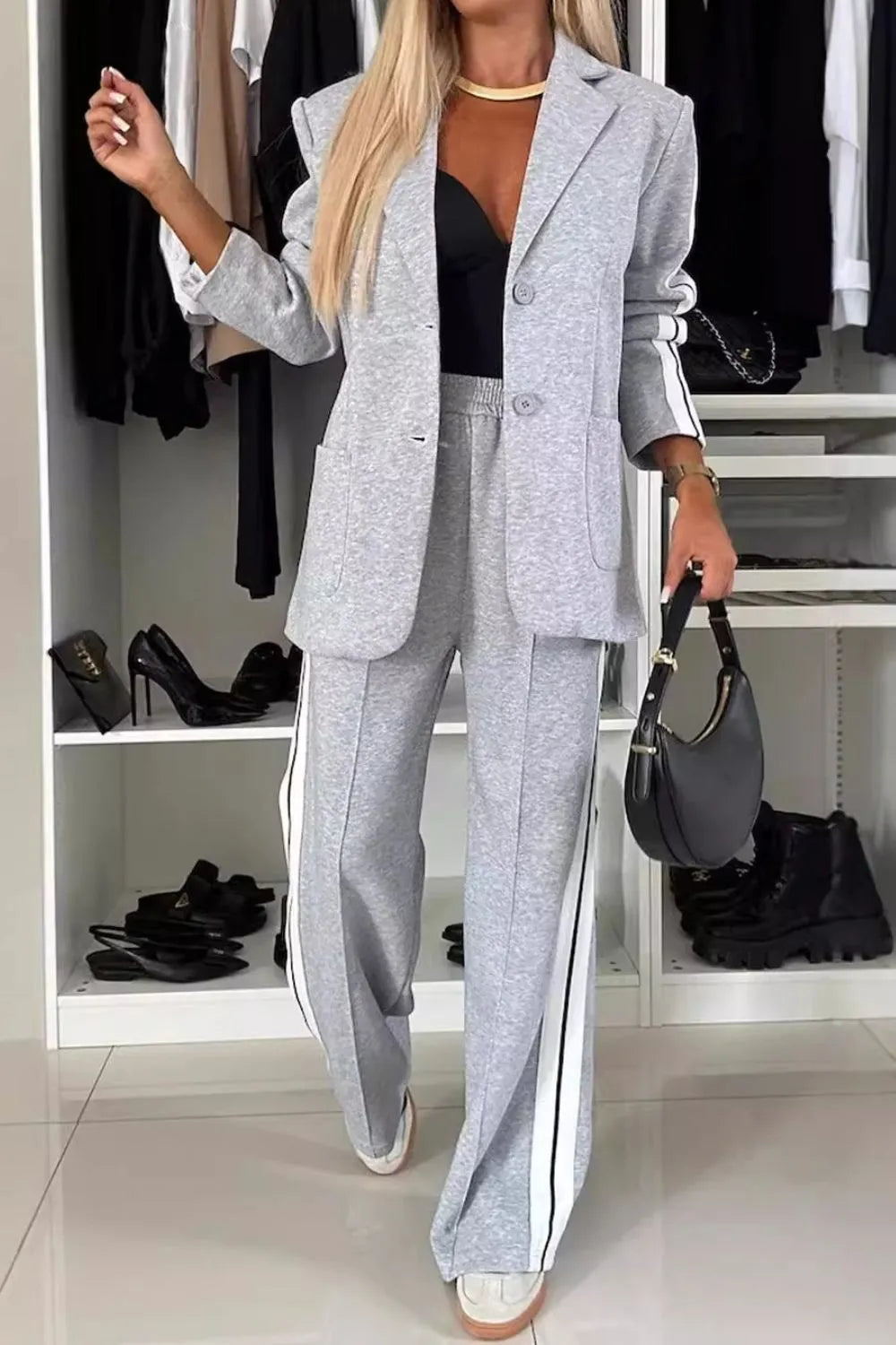 City Contrast Lapel Collar Top & Pants Set